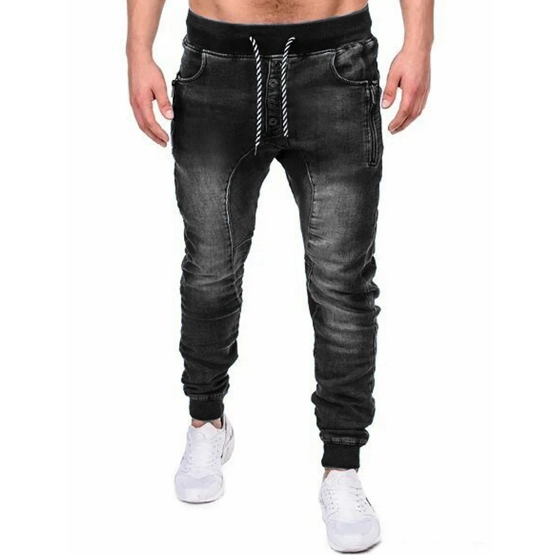 Men Jeans Streetwear Vintage Jeans Spring Solid Pocket Single-Breasted Denim Pencil Pants Men Lace-up Mid Waist Sports Jeans