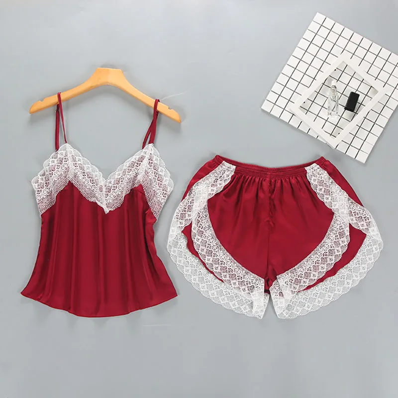 Women's Sleepwear 2 Pcs Silk Sling Sleeveless Polka Dots Top and Shorts Pajamas Set