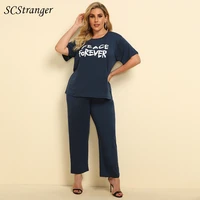 plus size two piece set women spring summer short sleeved printed t shirt solid color trousers outfit casual sports pant suits