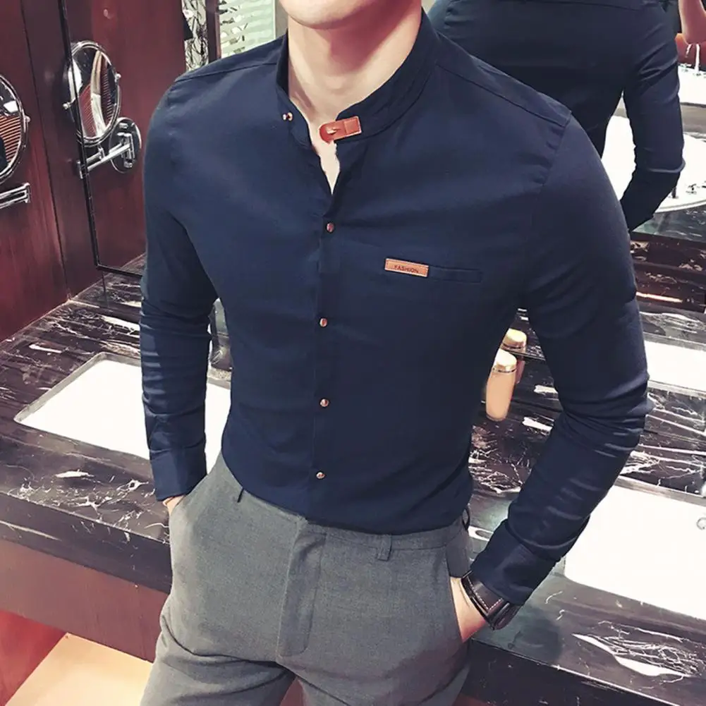 

Pure Color Single-breasted Casual Spring Top Slim Fit Colorfast Men Shirt Stand Collar Long Sleeve Men Top for Shopping 2022