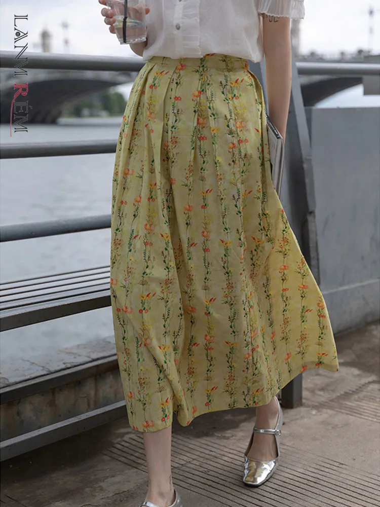 

LANMREM Floral Yellow Skirts For Women 2022 Summer Elastic Waist Printing Flower Medium Long Length Female Chic Clothing 2R3624