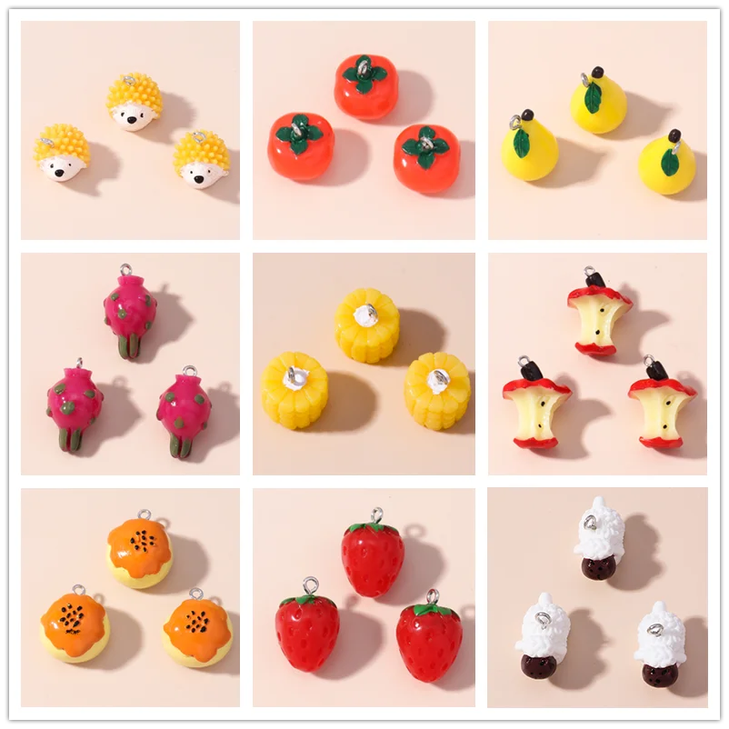 

10pcs Cartoon 3D Artificial Fruits Charms Resin Sweet Apple Lemon Farm Animals Milk Rooster Hedgehog Pendants for DIY Jewelry