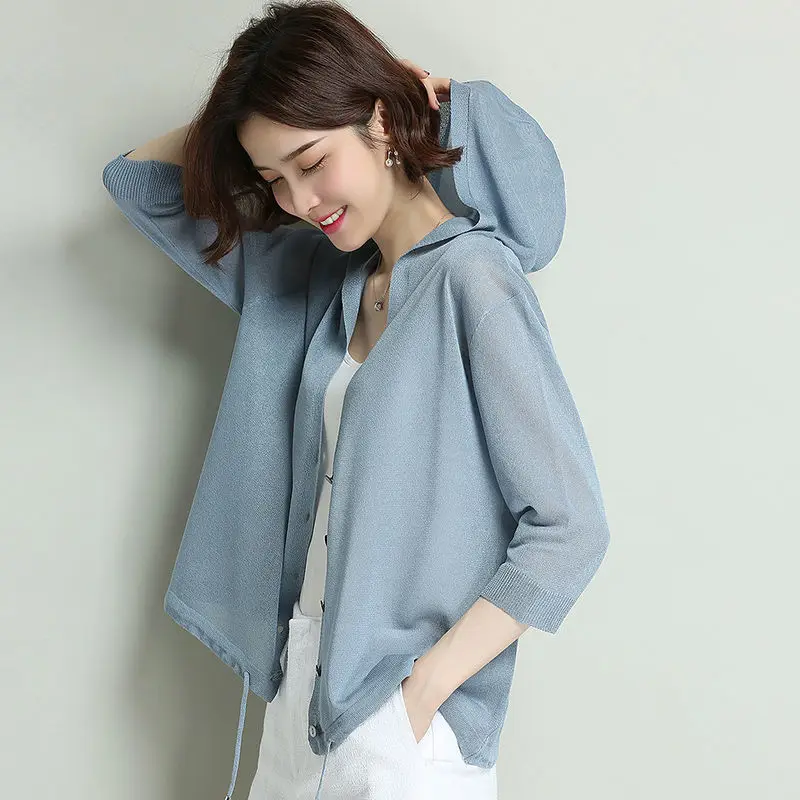 Солнцезащитная рубашка с капюшоном вязаный свитер из ледяного шелка Женская