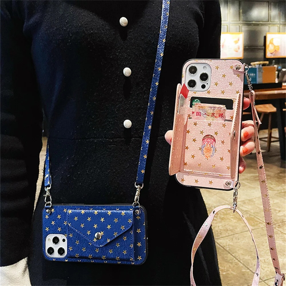 

Crossbody Phone Case for Samsung S22 S21 Plus Note 20 Ultra S20 FE A53 A72 A52 A32 5G A12 Golden Pentagram Stars Leather Cover