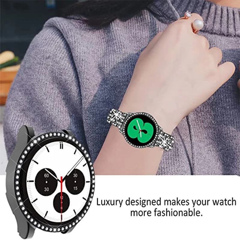 Metal Watchband for Galaxy Watch 4 5 with Diamond Shiny Stainless Steel Bracelet and Case Strap for Samsung Watch 4 5 40mm 44mm