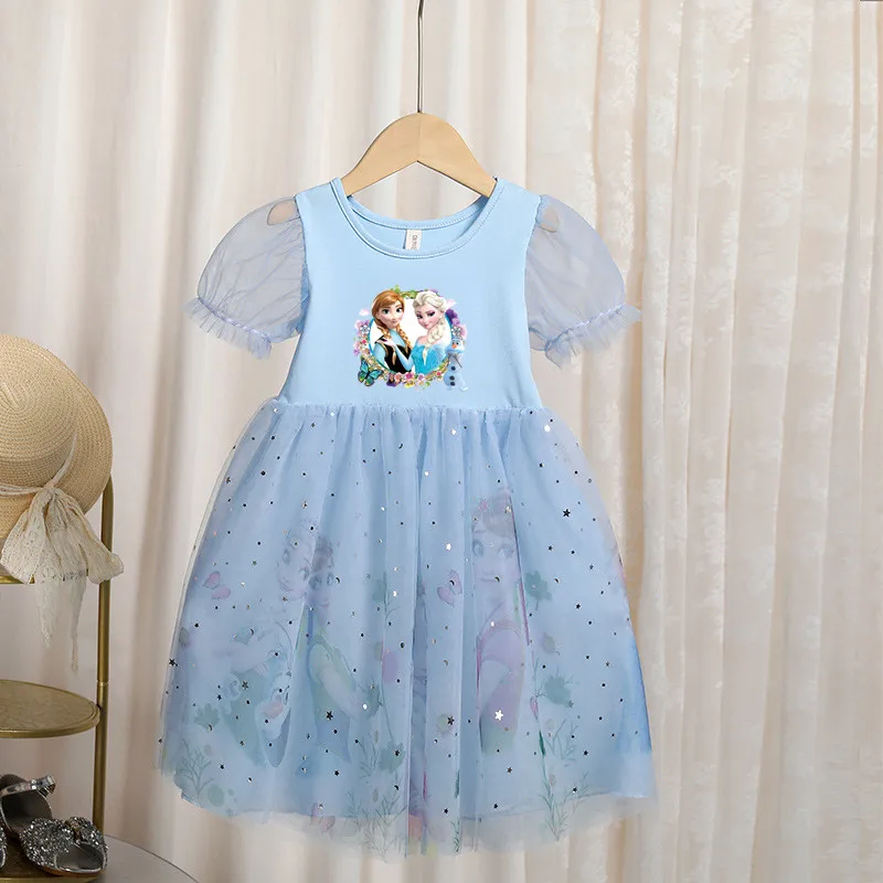 

Summer Girls Dresses Party Frozen 2 Elsa Short Sleeve Princess Dress Cute Children Birthday Costume Korean Vestidos Mesh Clothes