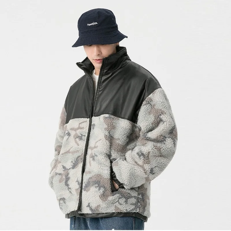 Mens Fashion Patchwork Color Contrast Imitation Cashmere Coats Winter Cashmere Thickened Patchwork Warm Cotton Jackets