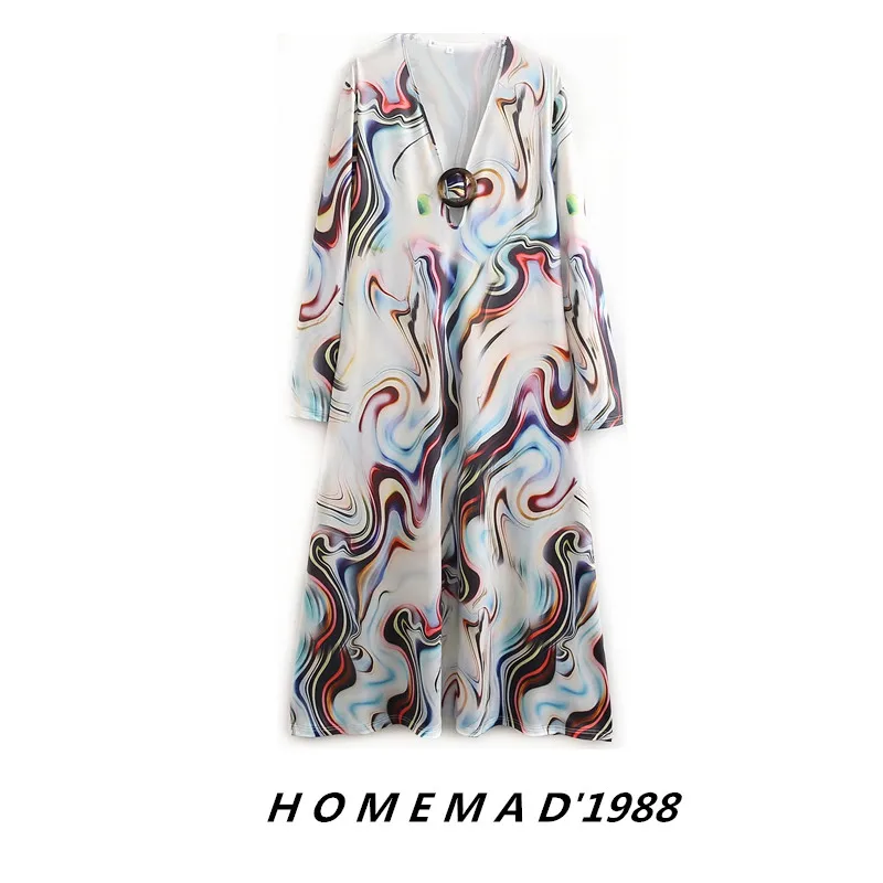 

SuperAen 2022 Spring/Autumn New V-neck Corrugated Graphic Printing Full Loose A-LINE Casual Dresses for Women
