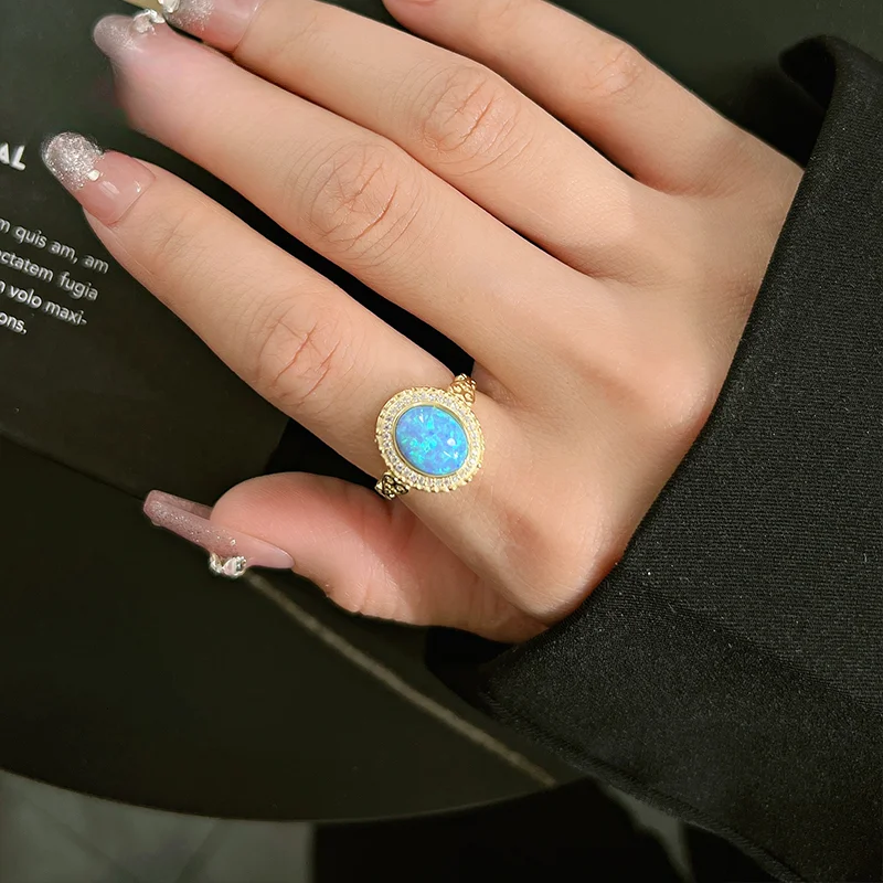 Новинка 925 серебро Голубой опал овальное Ретро модное кольцо с инкрустированным