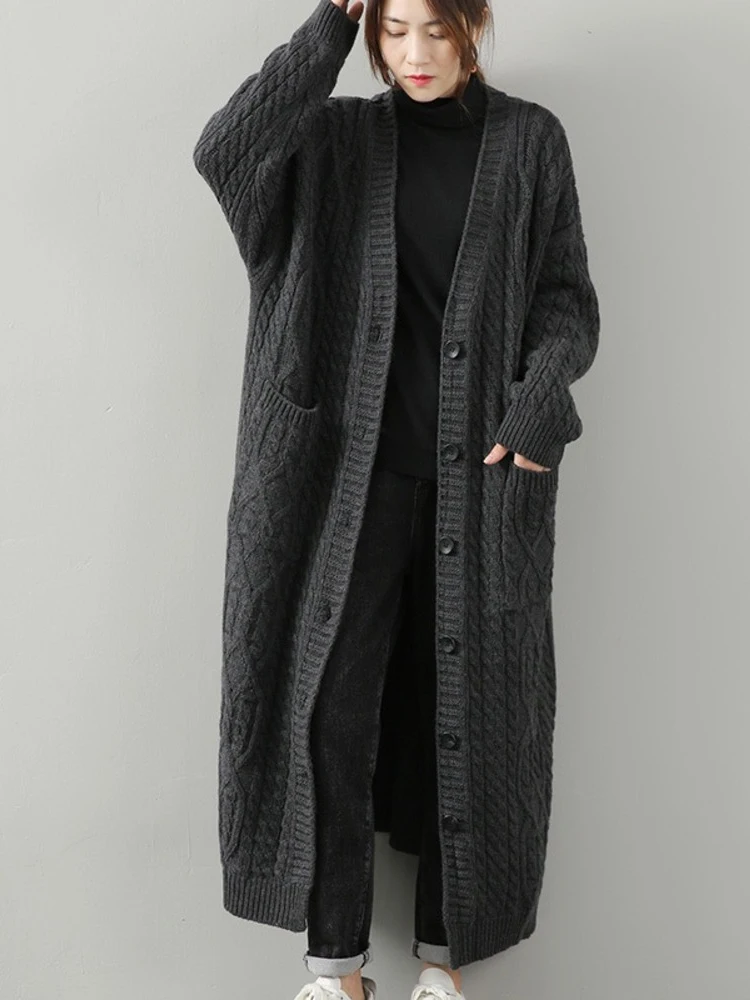 

Женский вязаный кардиган, черный однобортный Свободный кардиган большого размера с V-образным вырезом и длинным рукавом, повседневная одежда на осень-зиму 2022