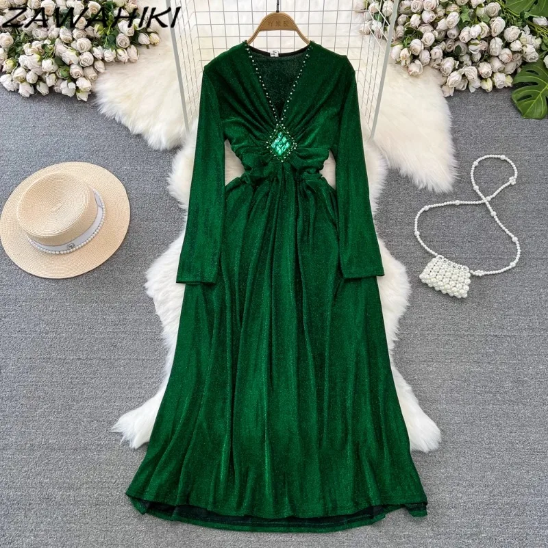 Темпераментные длинные платья для женщин с тяжелым бисером плиссированные