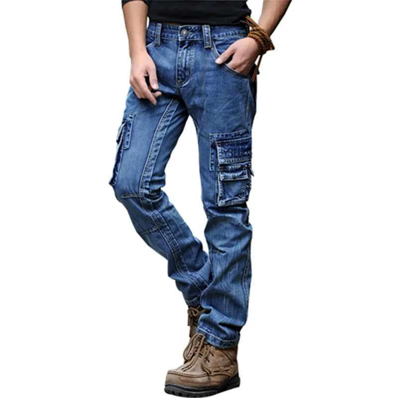 

Retro Men's Cargo Jeans Pants Washed Multi-pockets Slim Fit Straight Denim Trousers Brand Designer Male Jeans Outwear