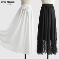 chinese style high waisted lining petticoat long pleated skirt maxi bottom ladies white black lace skirt for hanfu
