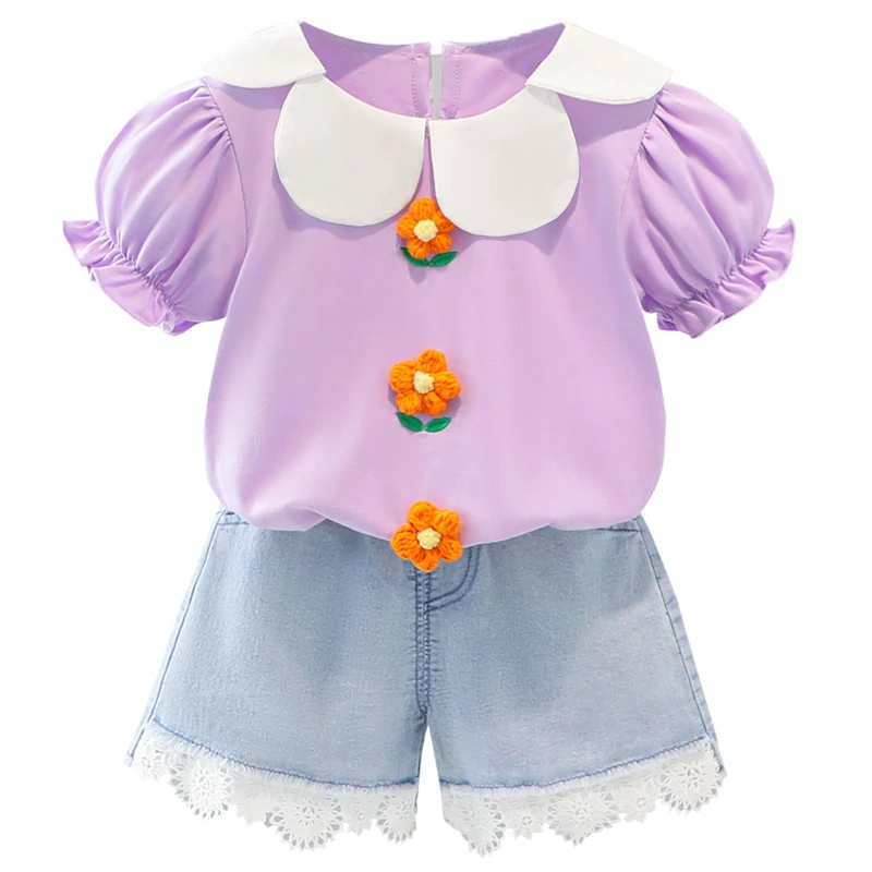 

Baby Girls Clothing Sets 2022 Summer Infant Clothes Children Floral T Shirt Lace Denim Shorts 2 Pieces Suit Toddler Kids Outfits