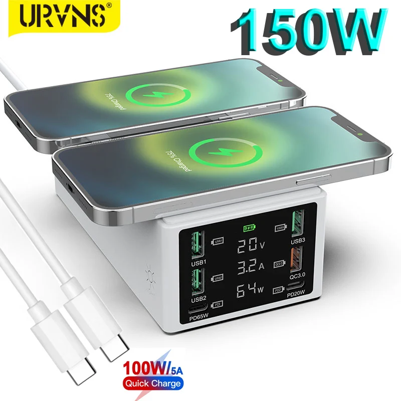 

URVNS 15W Wireless Charger with LCD, 65W 20W USB C and 4USB QC3.0 Charging Station for MacBook, iPhone, Samsung, Xiaomi, Laptops