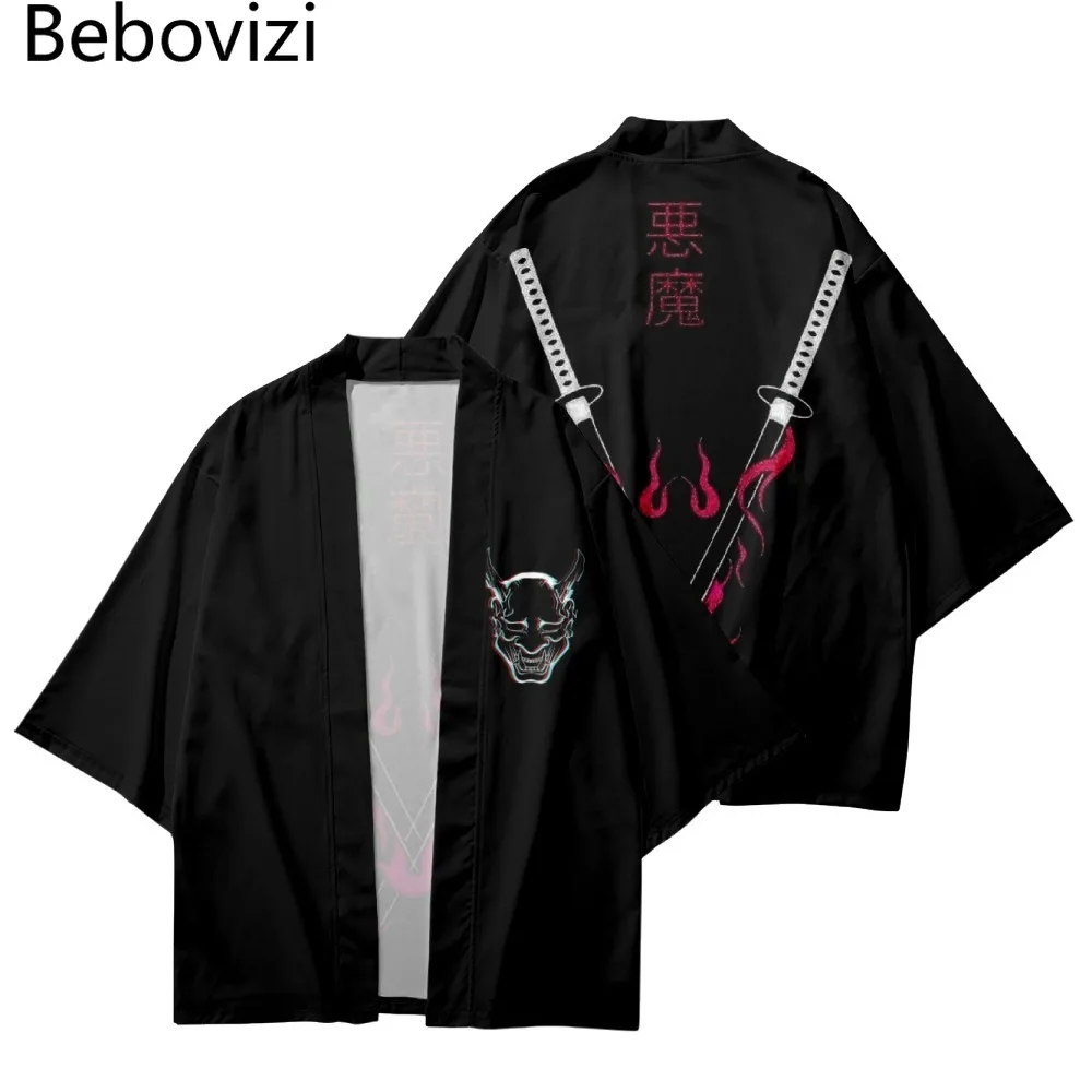 Men Women Cardigan Robe Black Clothes Japanese Demon Samurai Sword Print Kimono Cosplay Summer Yukata Vintage Haori Clothing