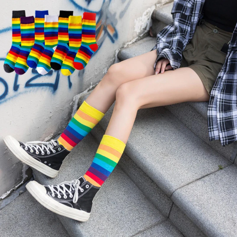 

Fashion Rainbow Striped Women Girls Sock Spring Summer Candy Color Middle Tube Socks Retro Harajuku Soft Breathable Socks Sokken
