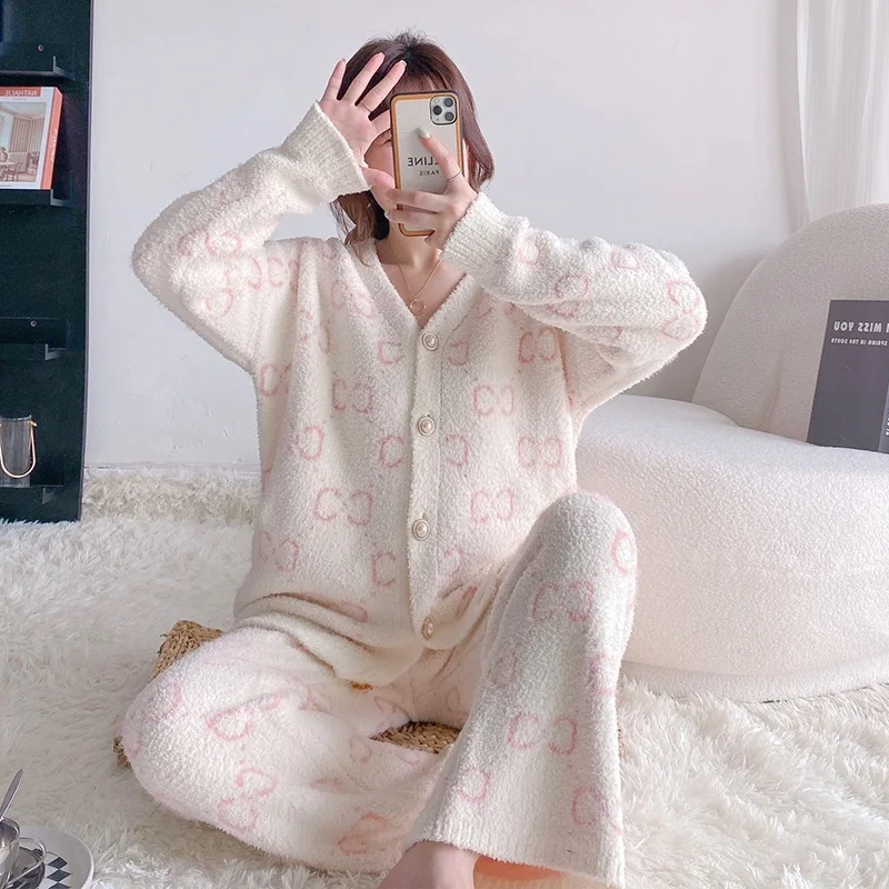 

Winter 2 Pieces Set Pajamas Free Shipping Loungewear Elegant Flannel Nightwear High-End Feather Yarn Nighty Suit House Clothes