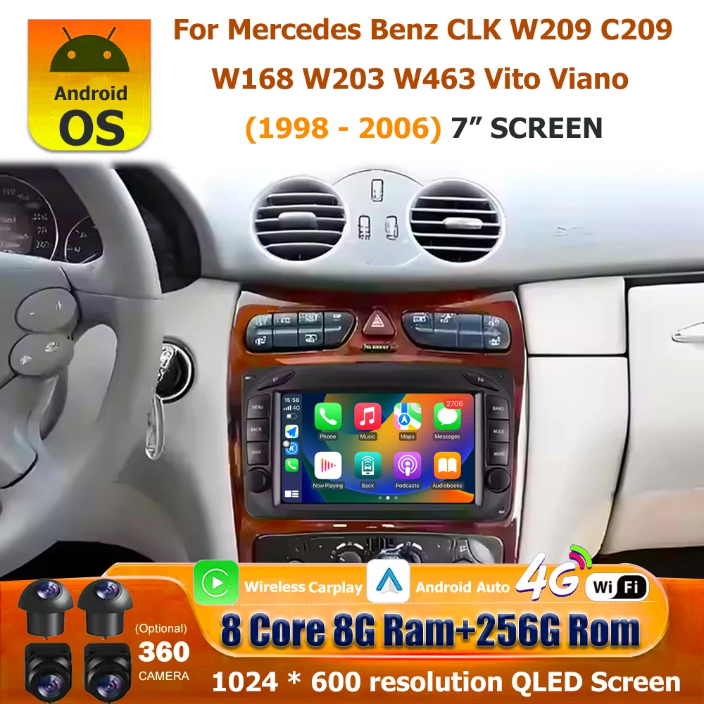Фото Автомагнитола Android 16 для Mercedes Benz CLK W209 C209 W168 W203 W463 Vito Viano 1998-2006, мультимедийный плеер с GPS и CarPlay, 7 дюймов №1