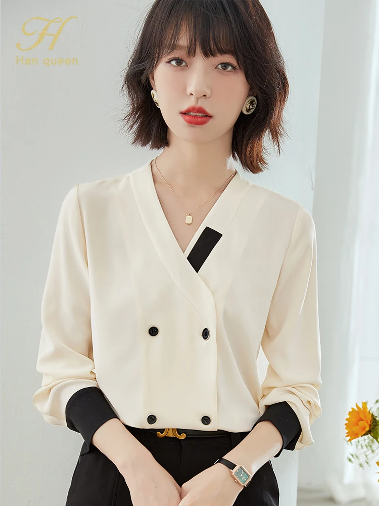 

H Han Queen Autumn Blusas Color Matching Shirt Womens Blouse Vintage Work Casual Tops Chiffon Blouse Elegant Loose V-Neck Shirts