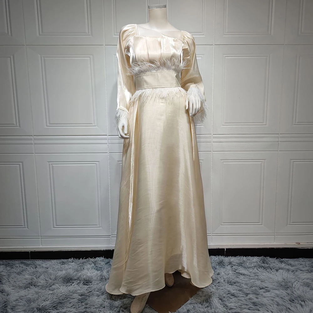 Modest Dress European Muslim Fashion Clothing 2023 Middle East Turkish Ostrich Fur Vestidos Largos with Belt Evening Dresse