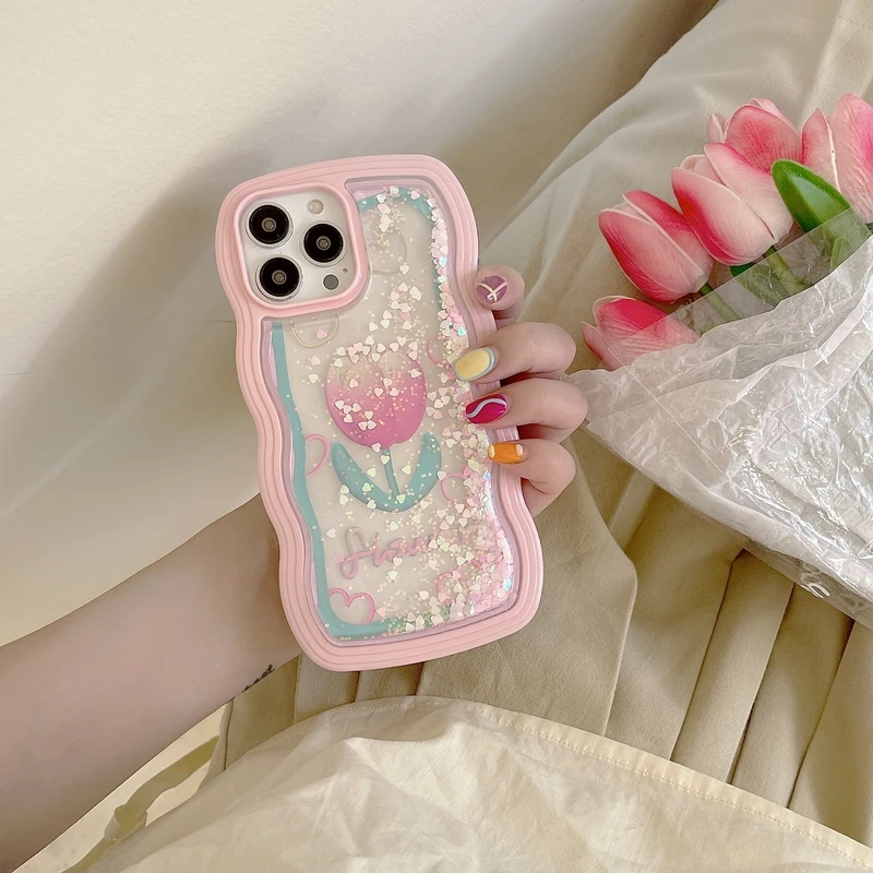 

Korea Cute Pink Tulip Flower Liquid Quicksand Phone Case For iPhone 11 12 13 Pro Xs Max Xr X Shockproof Soft TPU Cover Coque