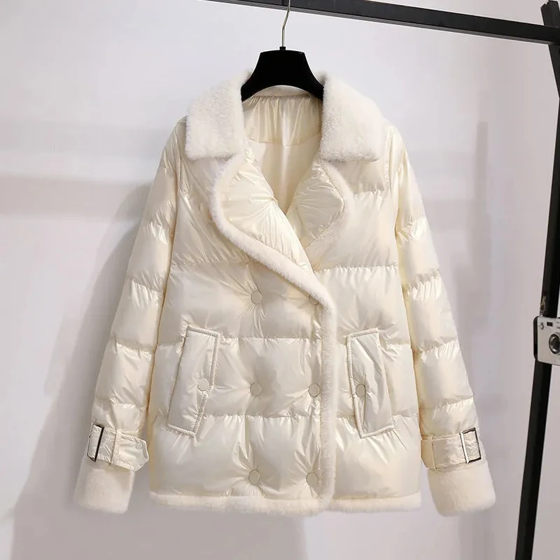 2023 Thick Warm Coat Women Winter Clothing Fur Collar Patchwork Down Jacket Cotton Padded Jackets Female Elegant Short Parkas