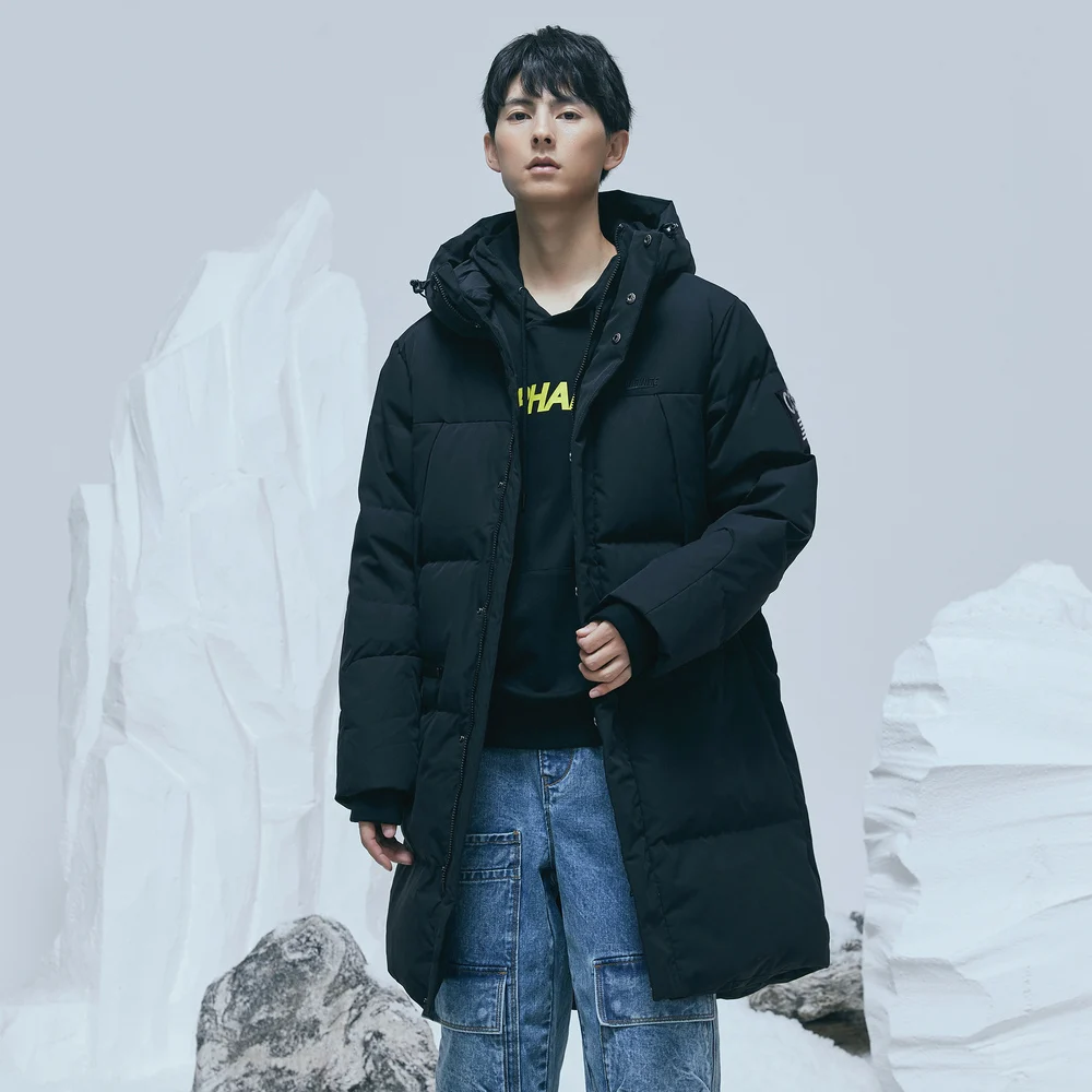 Metersbonwe Polar Series Men Thick Winter Warm Down Jacket 80% Gray Duck Down Hooded  Medium Length Waterproof  Down Coat