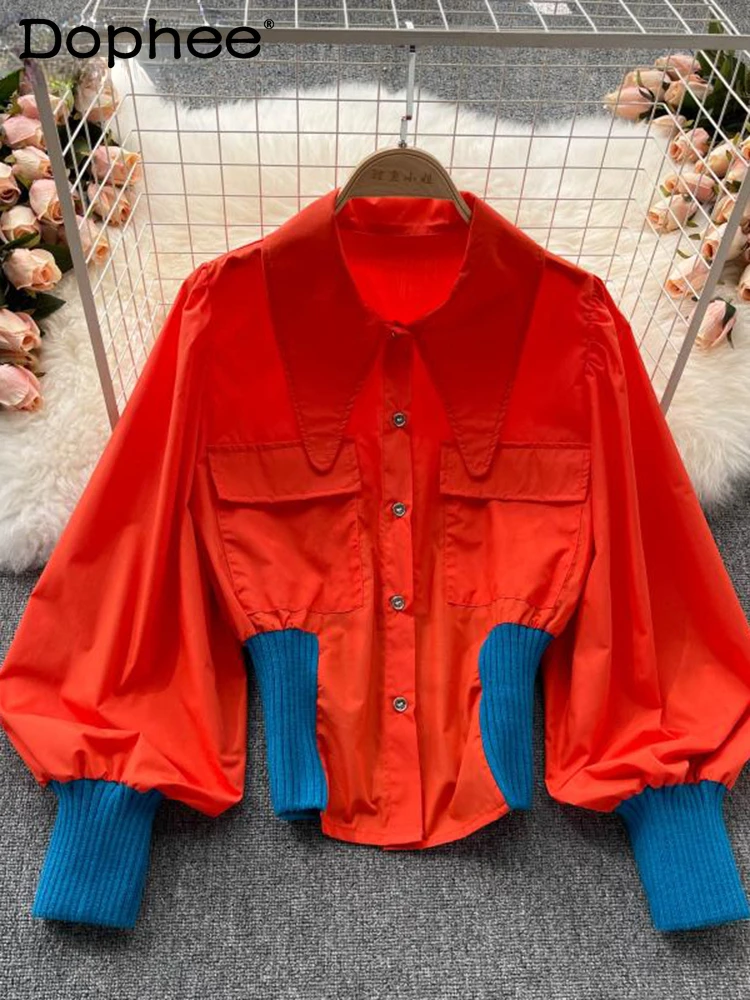 

Женская рубашка в стиле пэчворк, Новое поступление, отложной воротник, длинный рукав-фонарик, модная темпераментная Осенняя 2022