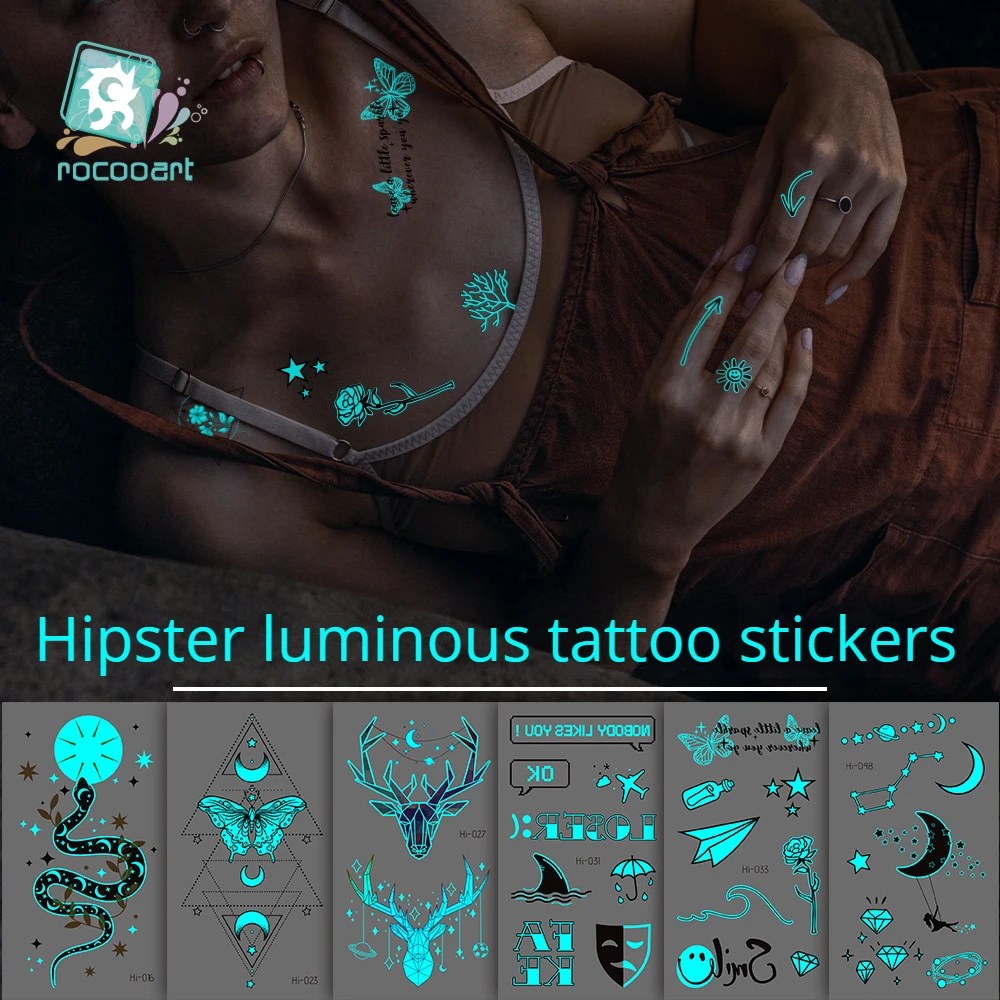 

New Blue Glow Tattoo Waterproof Small Fresh Snake Butterfly Electric Syllable Party Temporary Tattoos Sticker Size:105 * 60mm