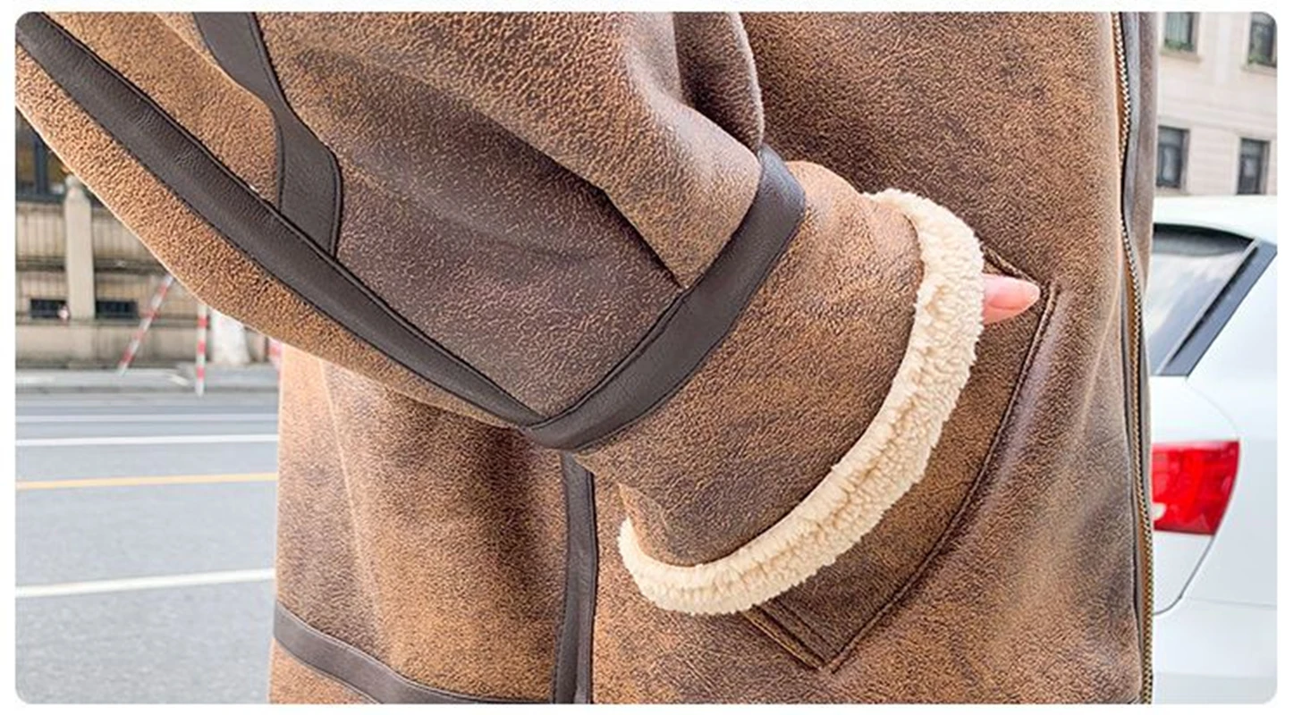 Faux Leather Jacket Women Shearling Thicken Fashion Long Sleeve Zippers Moto Biker Outerwear Warm Winter Coats Female Clothing