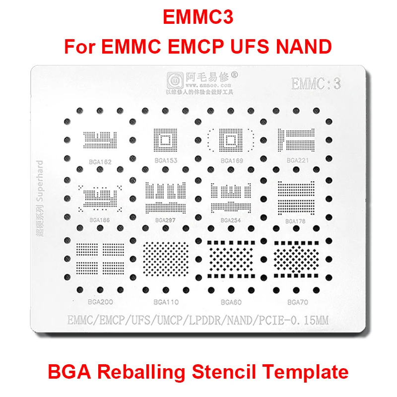 

AMAOE EMMC3 BGA трафарет для Android Nand флеш-память EMMC EMCP UFS LPDDR PCIE 153 162 169 200 221 60 70 254 186 Оловянная сетка