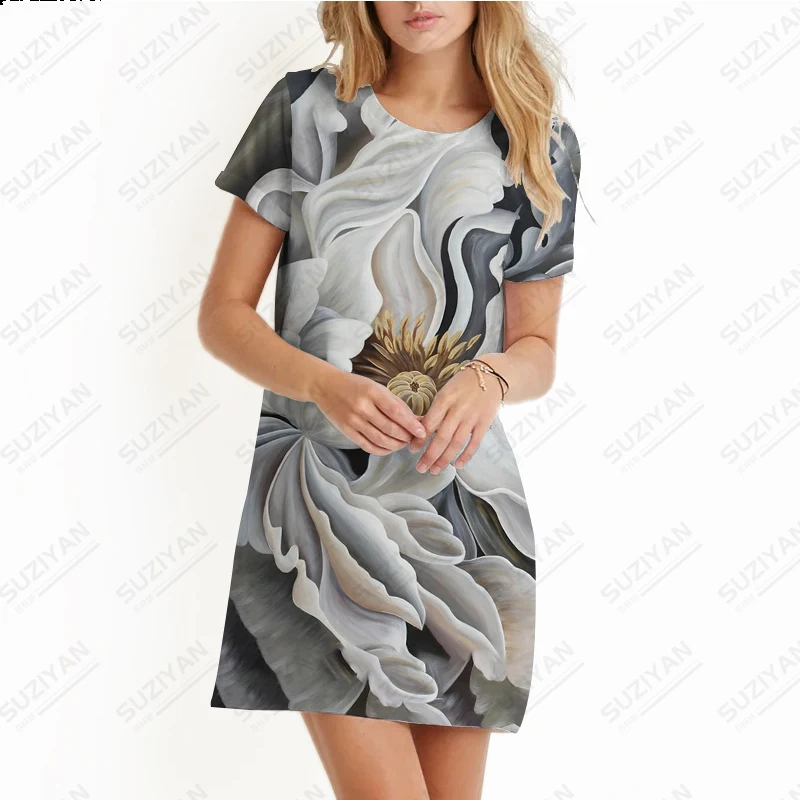 

Fashion Spring/Summer Women's Dress Fragmented Flowers Sequins 3D Print Beach Skirt Round Neck Short Sleeve Casual A-line Skirt