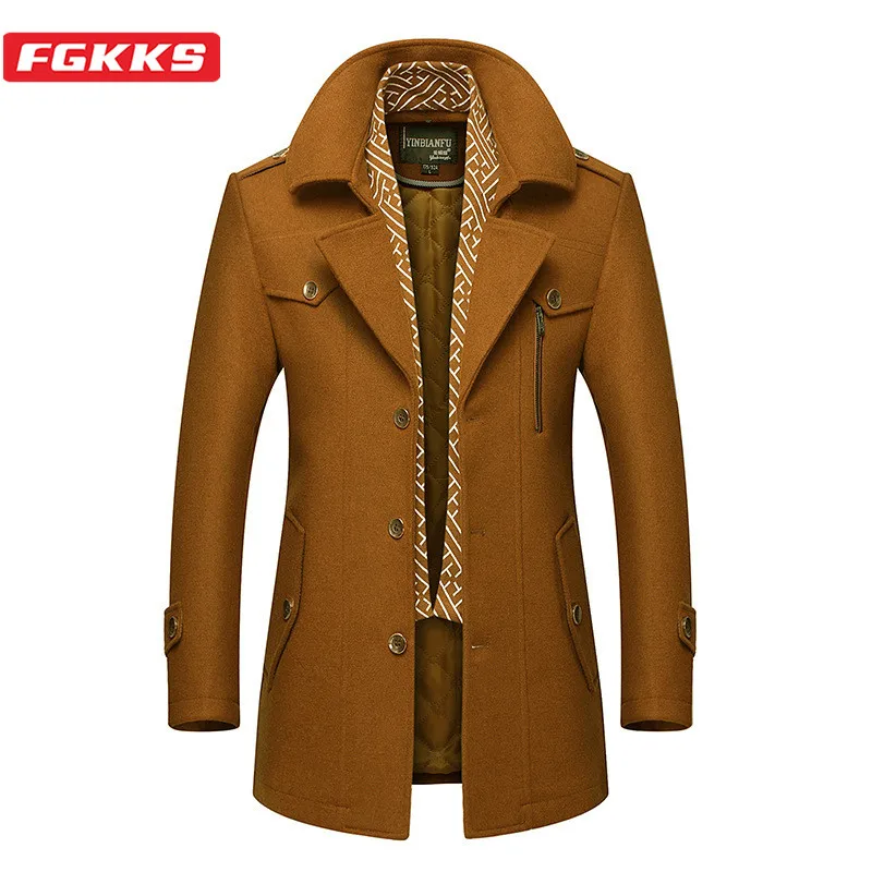 FGKKS Man Classic Fashion Trench Coat Male Long Jacket Slim Fit Overcoat Casual Wool Blends Warm Outerwear Windbreaker Men