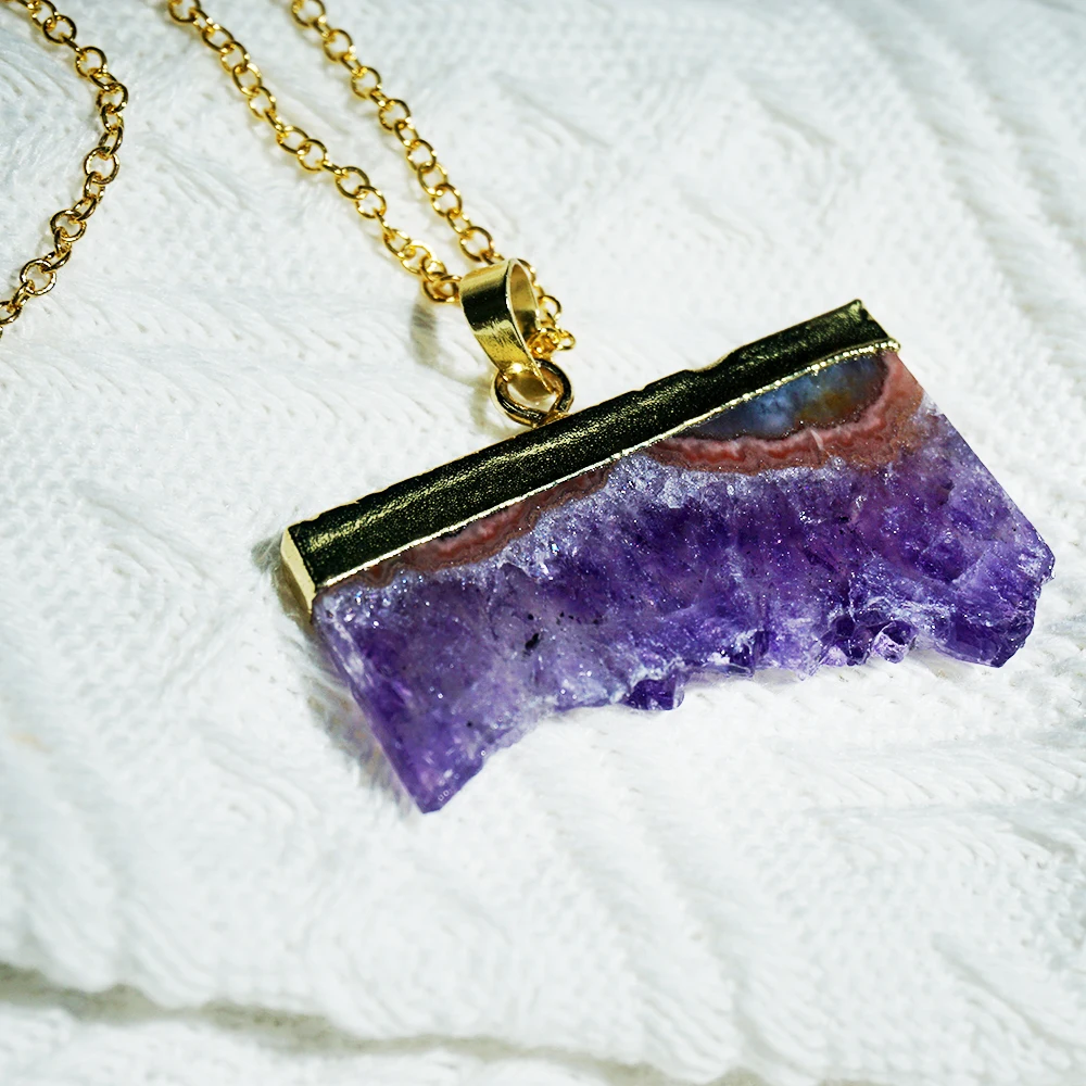 

Natural Gem Stone Amethyst Slice Druzys Pendant Purple Crystal Quartz Male Raw Slab Geode For Women Necklace Making