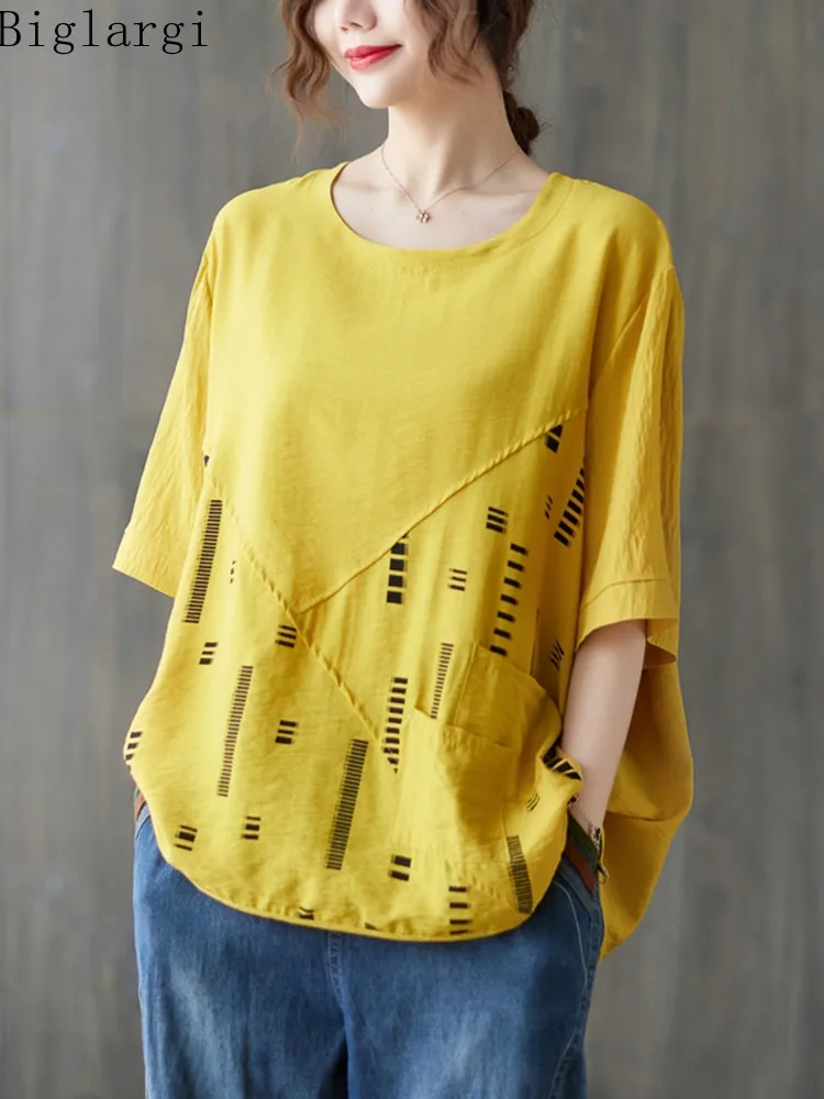 

Oversized Loose Print Summer T Shirt Womens Casual T-Shirt Korean Ladies Womens Cotton and Hemp Woman Short Sleeve TShirt Tops