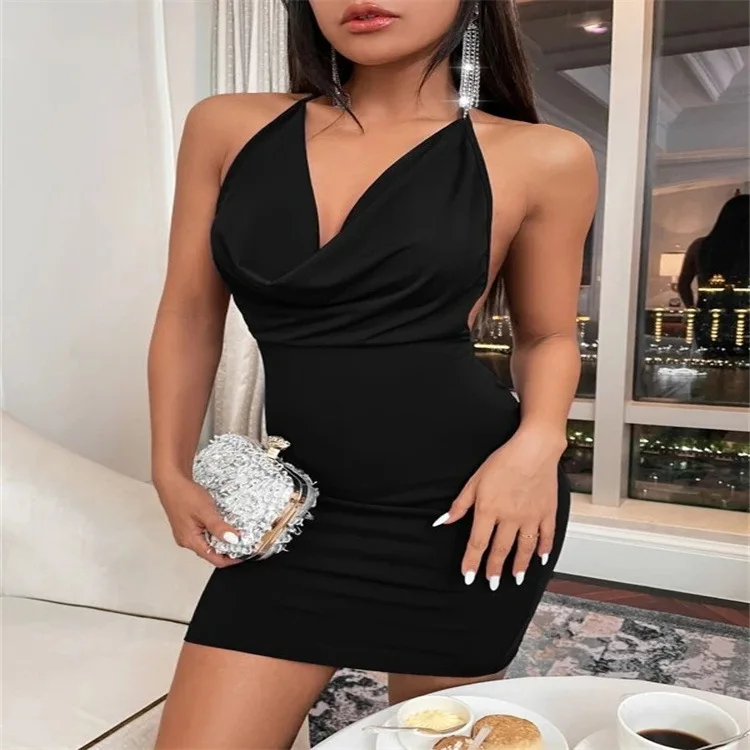 

ELIJOIN2022 Spring/Summer Fashion Sexy Club V-neck Dress Split Bow Halter Neck Short Dress Female