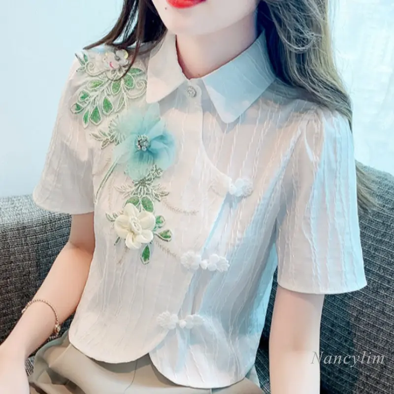 

New Chinese Style Improved Cheongsam Button Short Sleeve Shirt Top Women 2023 Summer New Machine Embroidery Short Flower Blouse