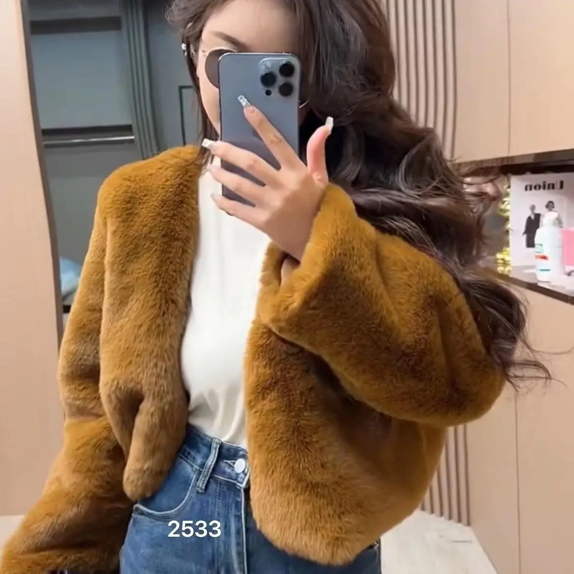 New Autumn Winter Jacket Women Double Faced Fur Solid Pockets Loose Office Lady Short Faux Fur Coat Fashion Tops Famale Clothing