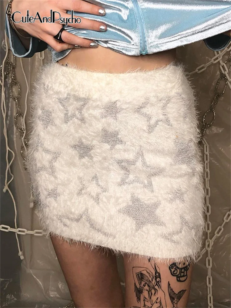 

Cuteandpsycho Star Print Knitted Y2K Skirts Korean Aesthetic Vintage Slim Mini Women Skirts Fairycore 90s Cute Kawaii Clothings