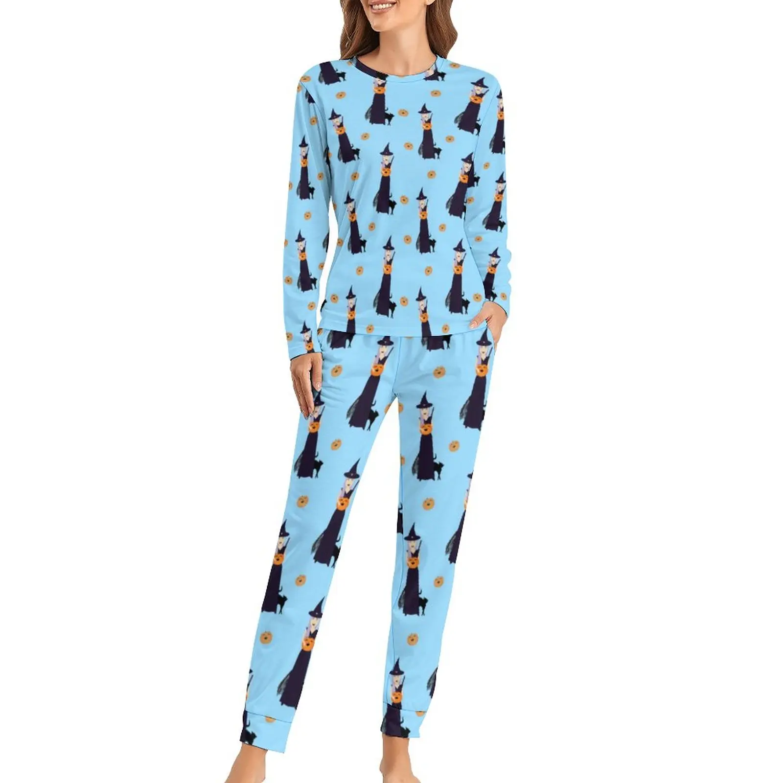 

Симпатичная Хэллоуин ведьма Пижама счастливая Тыква Kawaii домашний костюм женщины 2 штуки повседневные большие узоры одежда для сна подарок