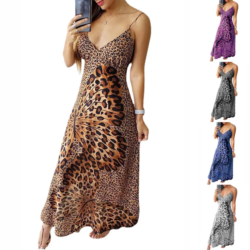 

2022 New Summer Elegant Women'S Dress Adjustable Strap Satin Maxi Long Leopard Print Butterfly Print Dress Ropa Mujer Vestido