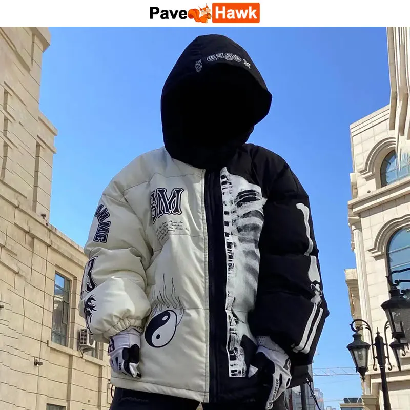 Mens Winter Parka Hooded Jacket Patchwork Skeleton Print Letter Streetwear Harajuku Padded Jacket Hooded Loose Warm Coat Unisex