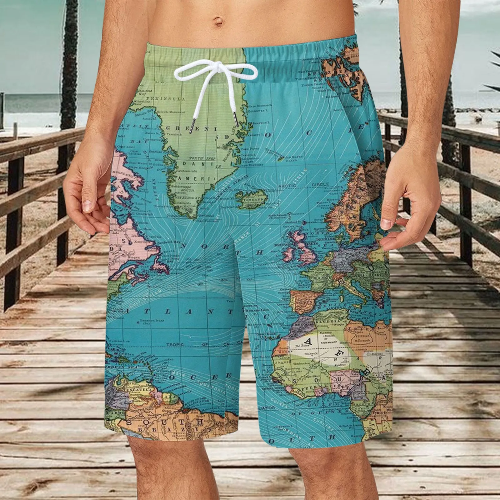 

Men Drawstring Casual 3d Map Printed Beach Shorts Work Trouser Short Pants Quick Dry Breathable Swim Shorts Oversized Trunks