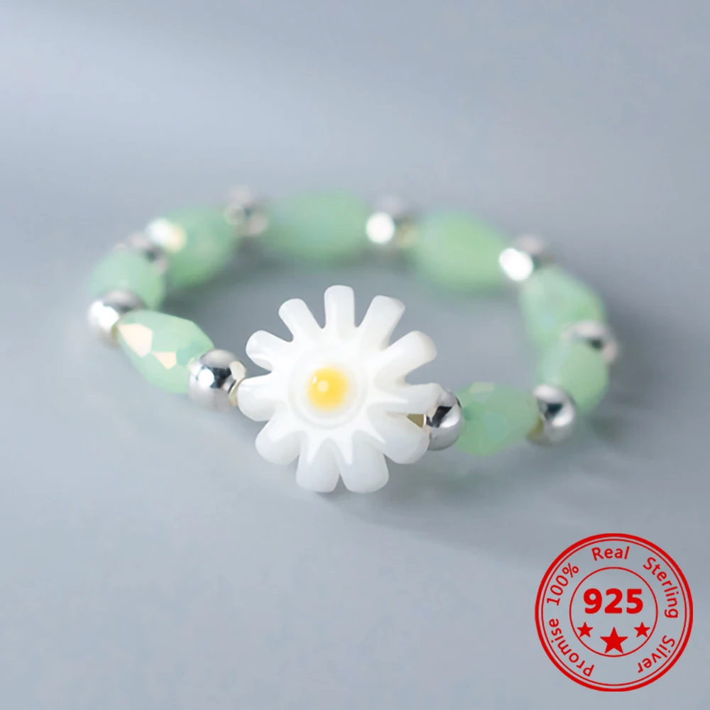 

Retro Style 925 Sterling Silver Ring Korean Version Female Small Daisy Lamp Beads Crystal Ring Simple Small Fresh Hand Ornaments