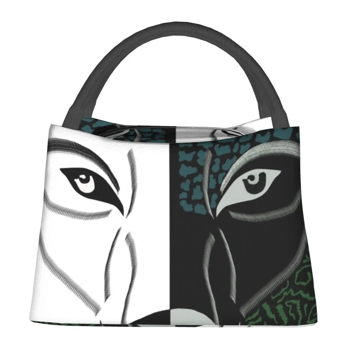 

Wolf Face Yingyang Lunch Bag For Unisex Black And White Print Lunch Cute Travel Cooler Bag Portable Oxford Thermal Tote Handbags