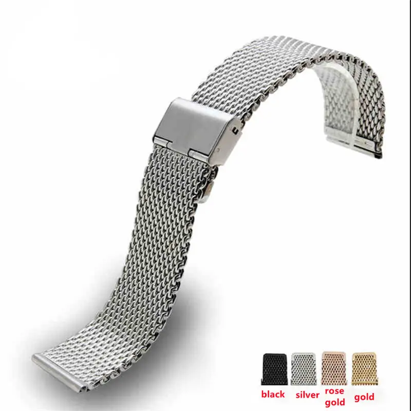 1.0 Line18mm 20mm 22mm 24mm Stainless Steel Mesh Folding Buckle Straight End Watch Band Strap Bracelet Fit For Smart Watch