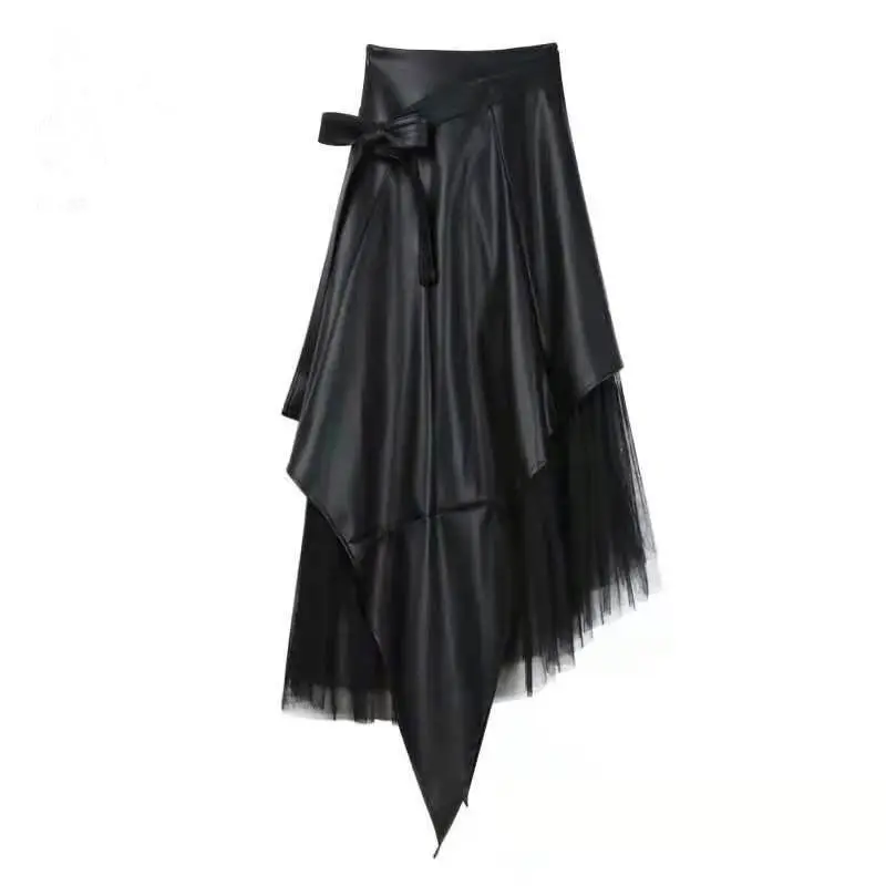 denim skirt A word high waist letter mesh stitching denim black  retro wild casual women  Casual  Solid  A-LINE  Lace