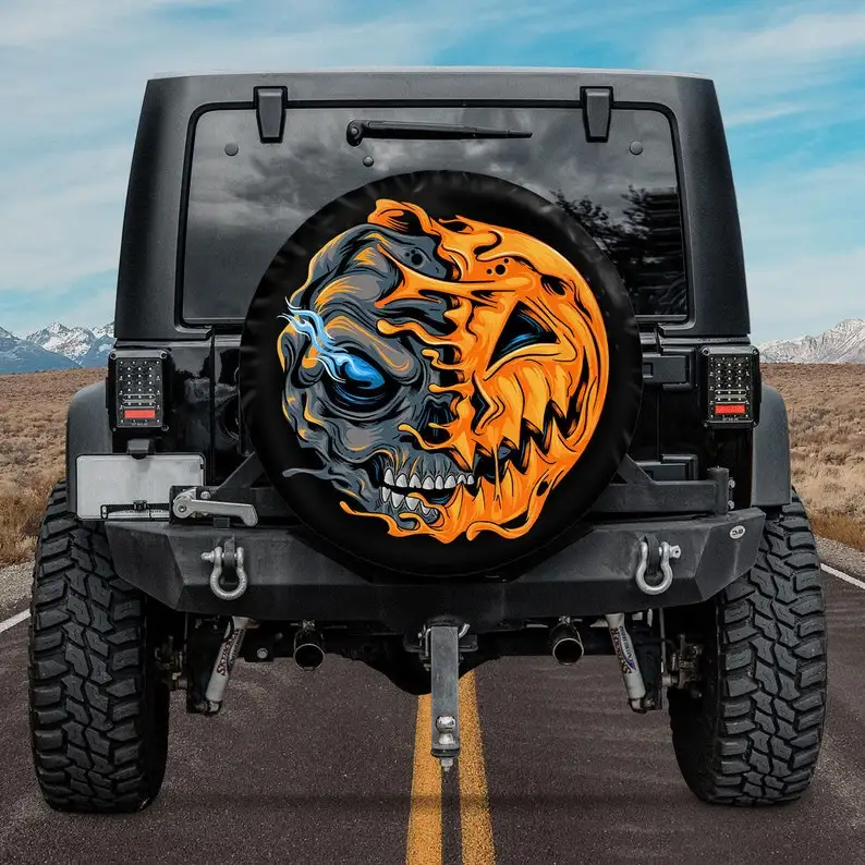 

Halloween Pumpkin Half Skull, Looks Spooky And Cool SUV Tire Cover, Spare Tire Cover Camper, Fast Shipping Tire Cover