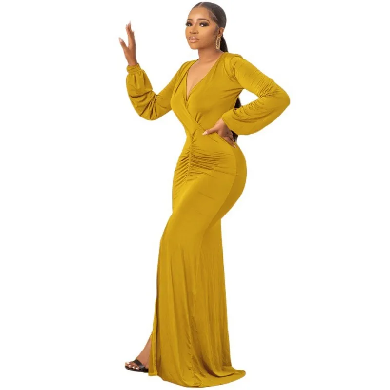 

Women's Robe 2022 Autumn New Solid Long Sleeve Maxi Dresses Sexy V-neck Tight-fitting Long Dress Elegant Party African Clothing